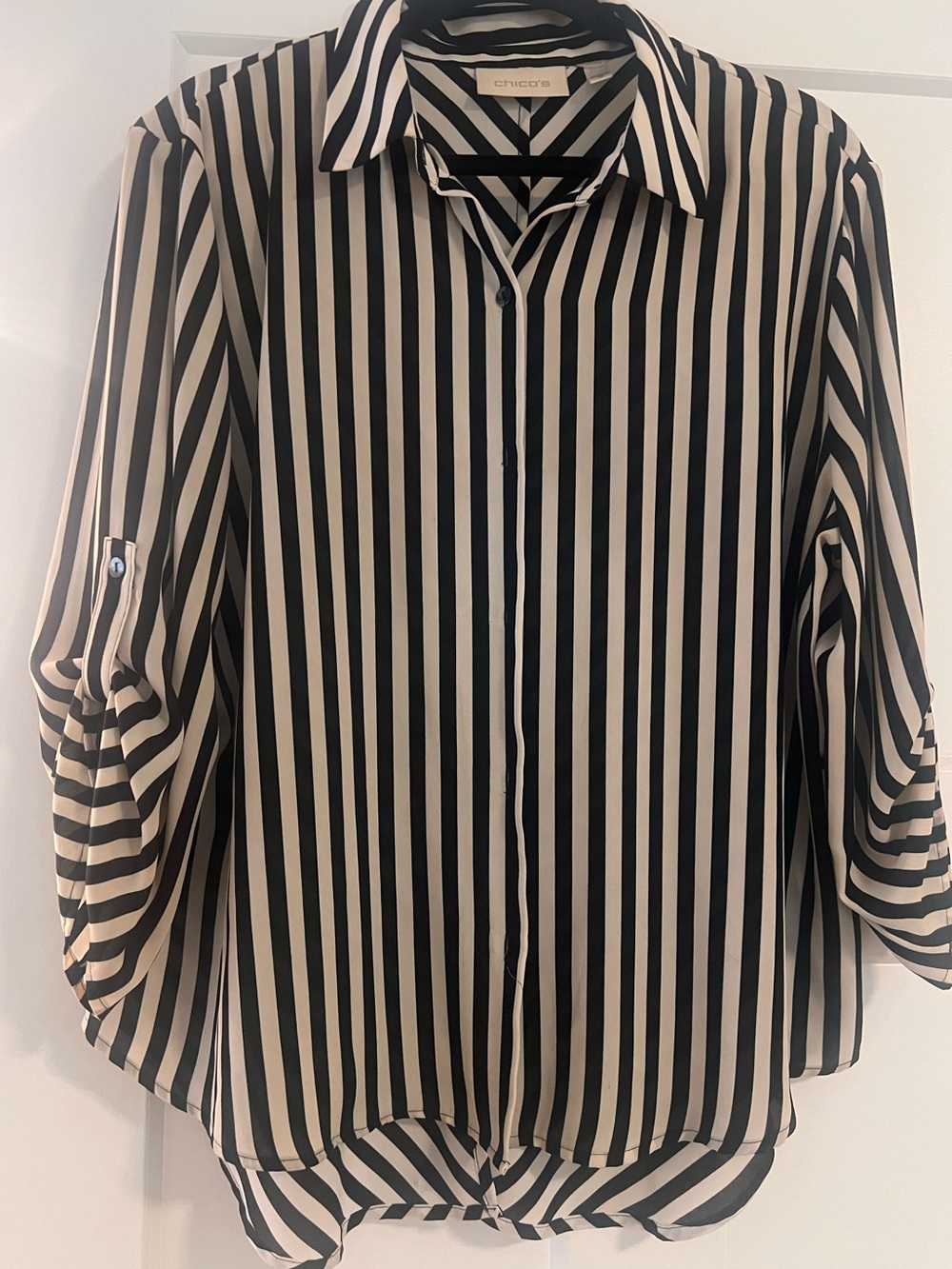 Chico's Black and Cream Vertical Stripe Collared Blouse